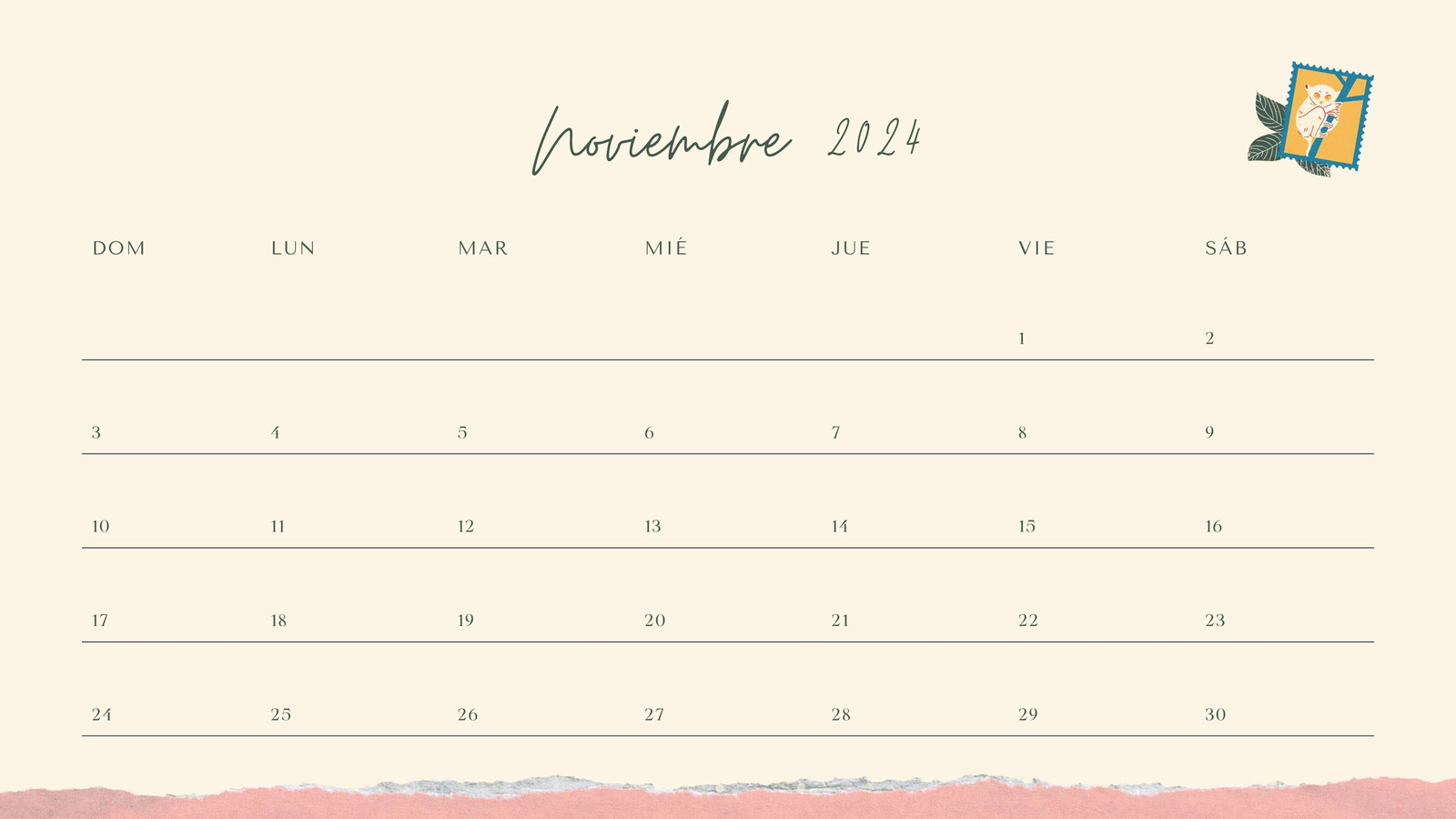 Calendario Mensual en Crema estilo Scrapbook