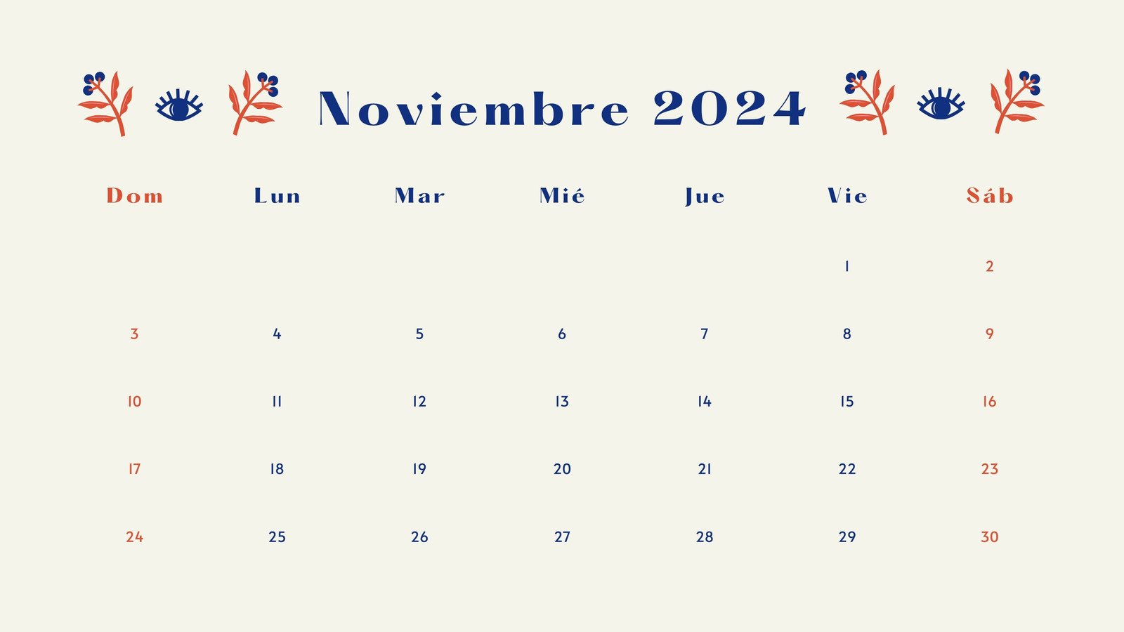 Calendario Mensual en Marfil Azul Rojo estilo Ilustrativo