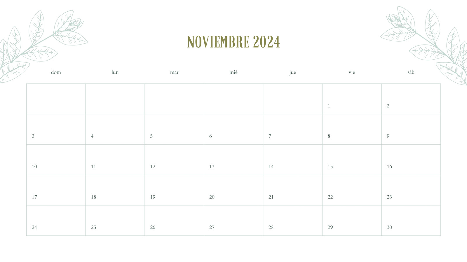 Calendario Mensual en Blanco Verde estilo Floral
