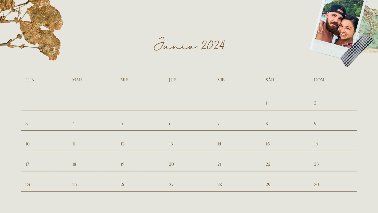 Calendario de Pared Junio 2024 Beige y Marrón con Foto de Pareja
