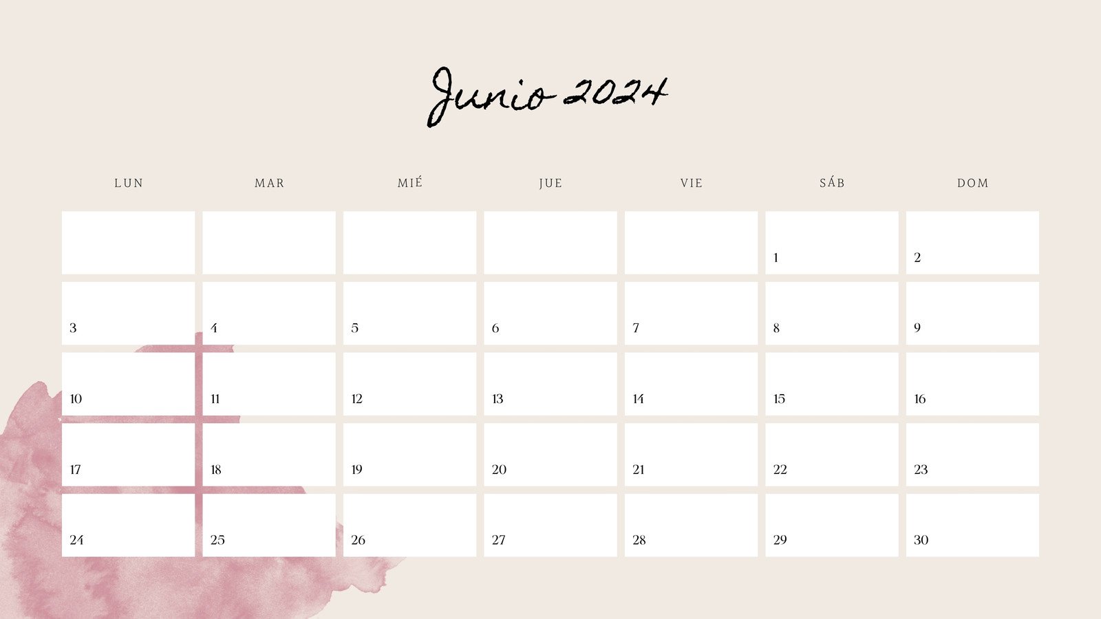 Calendario de Pared Caqui con Recortes de Acuarela Junio 2024