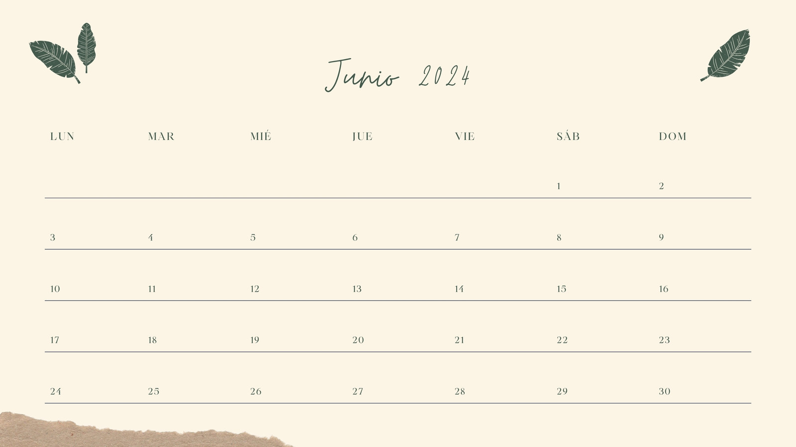 Calendario de Pared Amarillo Claro y Verde Junio 2024 con Ilustraciones de Hojas Verdes
