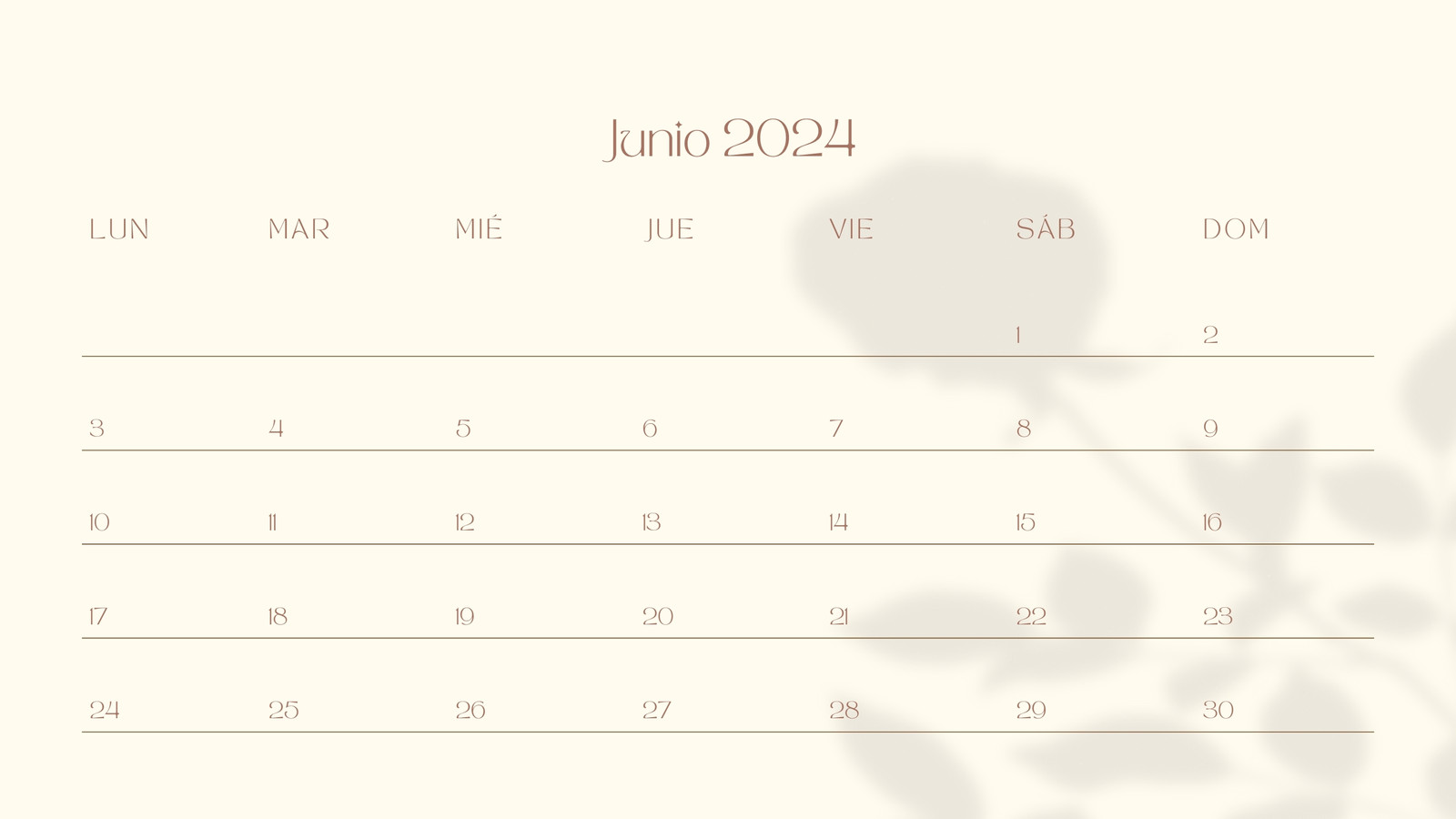Calendario de Pared Crema y Marrón con Sombra de Planta Junio 2024