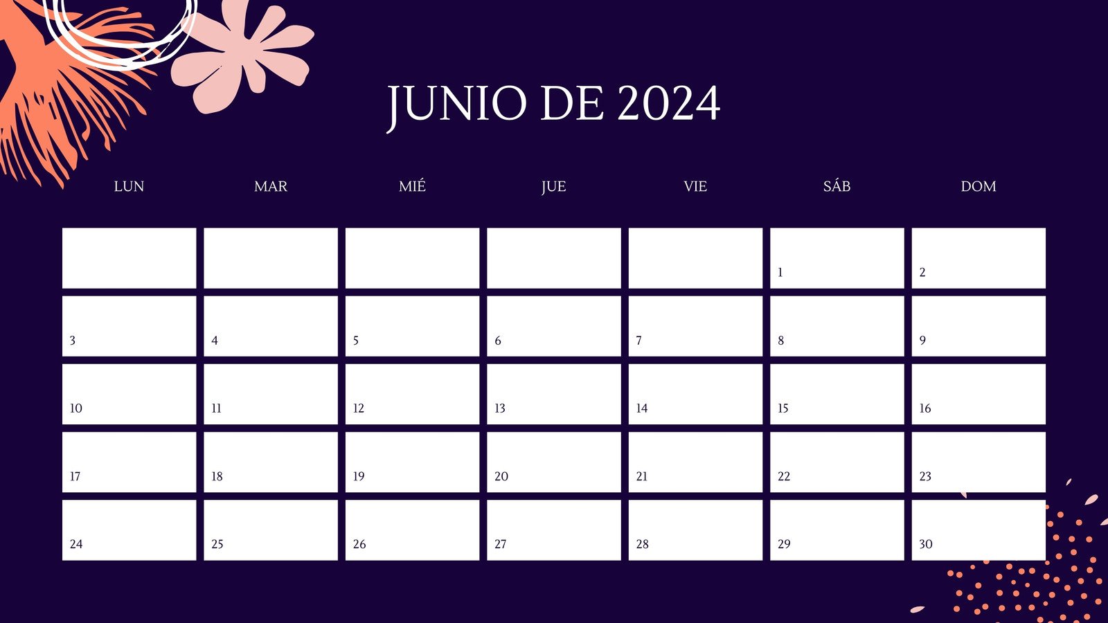 Calendario de Pared Violeta Naranja Orgánico Junio 2024