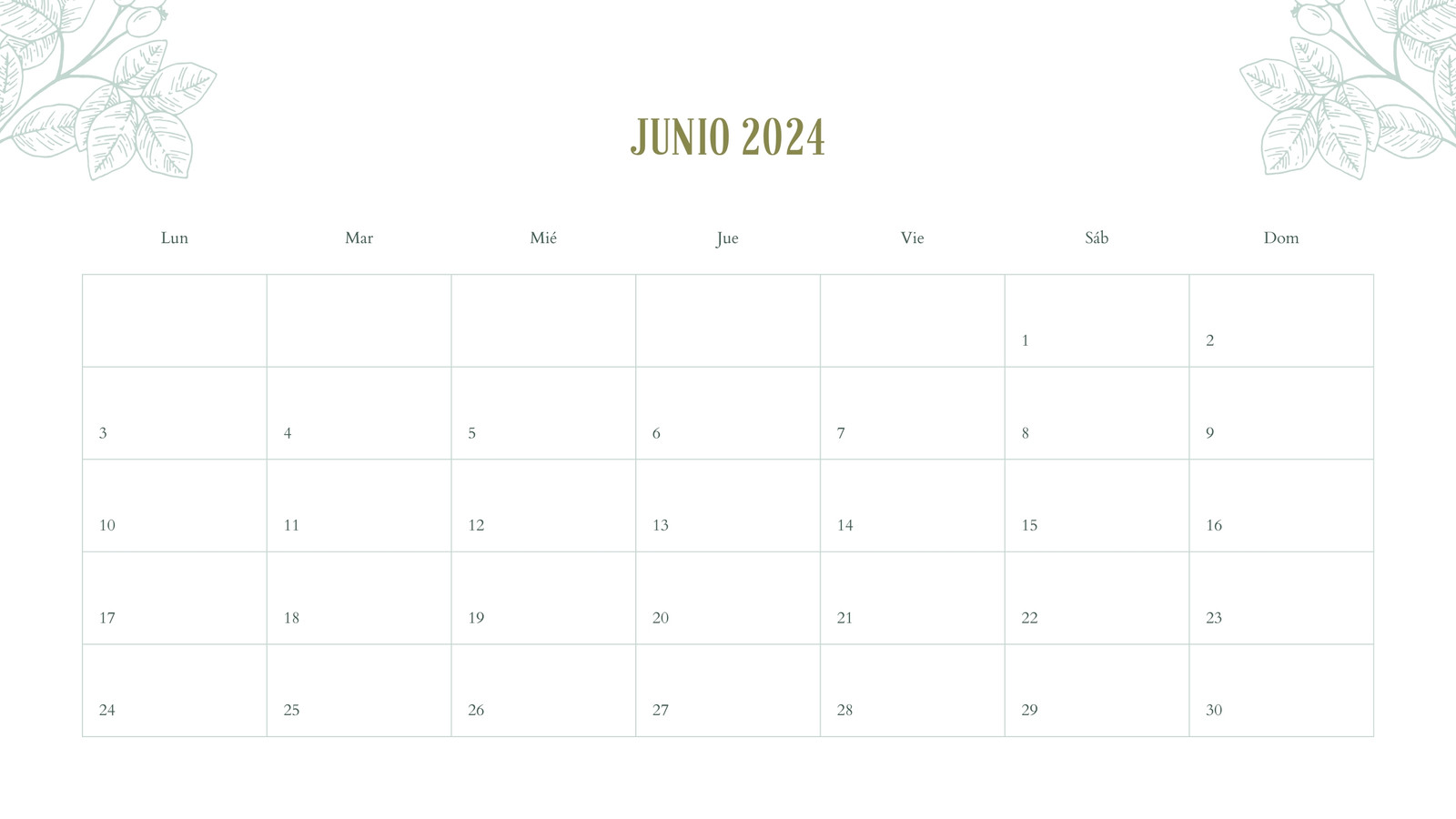 Calendario de Pared Blanco y Verde Ilustración Floral Monolínea Junio 2024