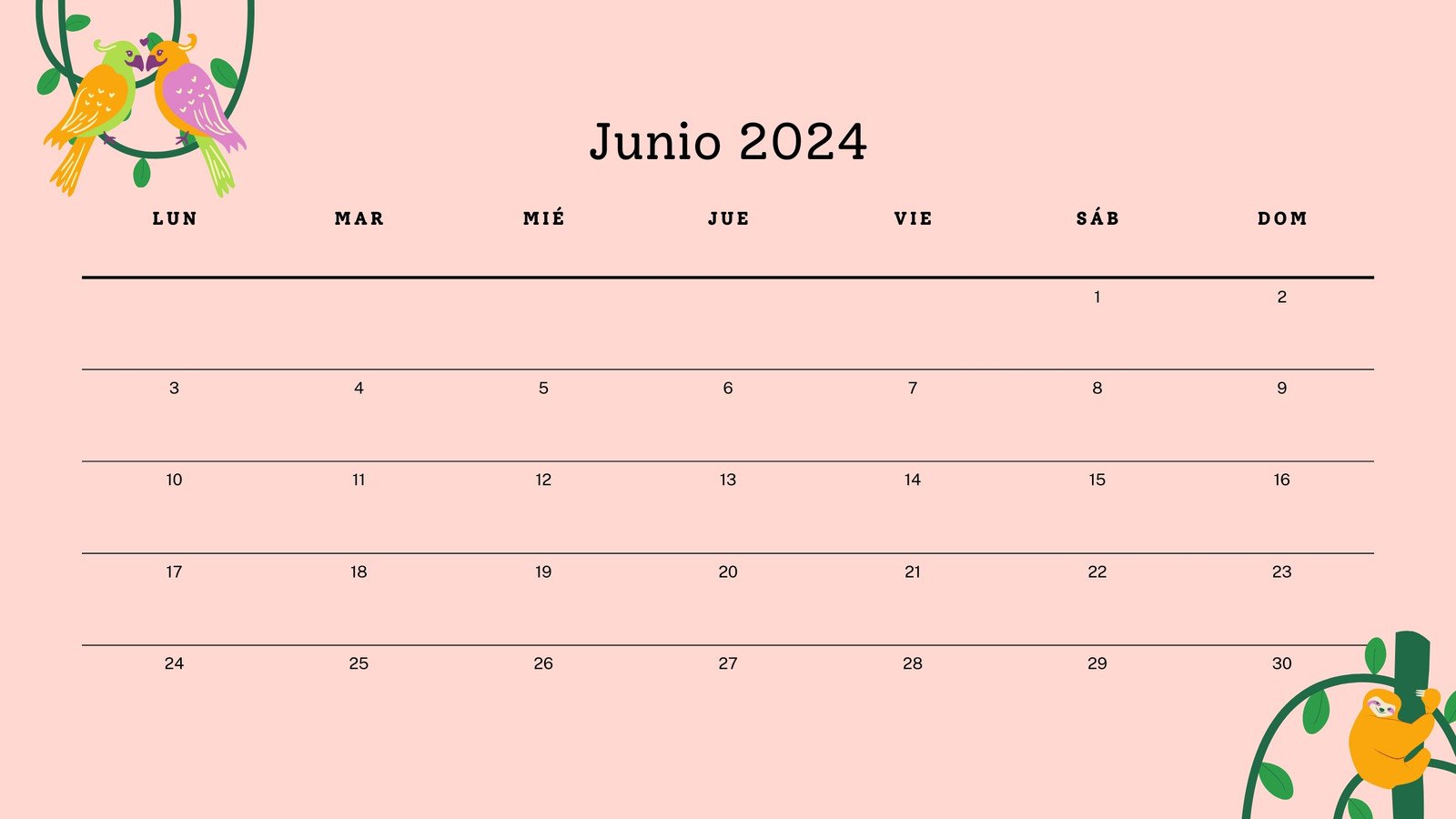 Calendario de Pared Rosa con Ilustración de Aves Exóticas Junio 2024