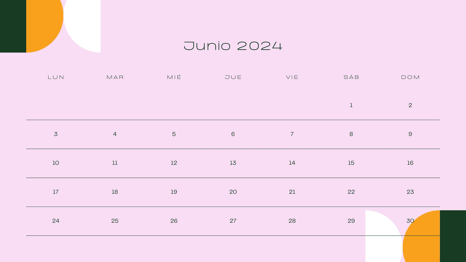 Calendario de Pared Rosa con Formas Abstractas Verde Naranja Blanco Junio 2024