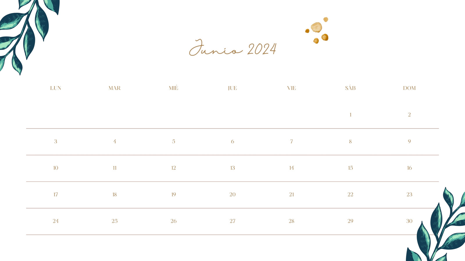 Calendario de Pared con Fondo Claro y Plantas Verdes Junio 2024
