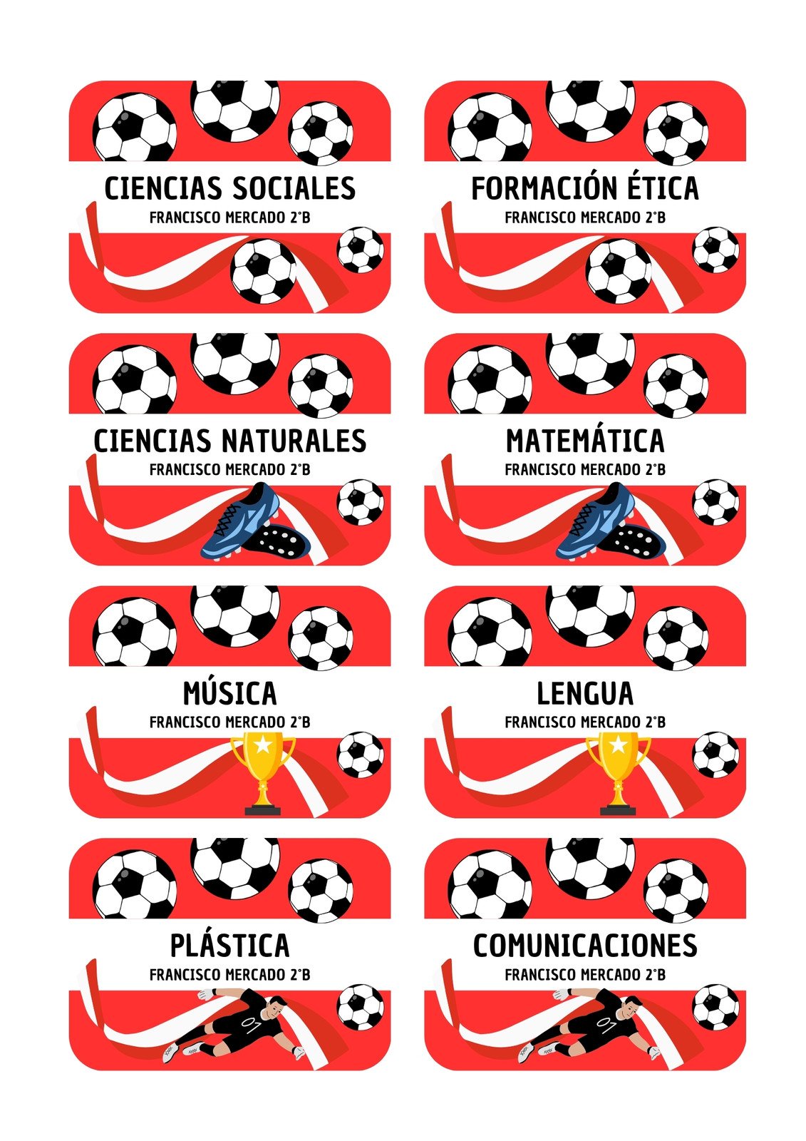 Etiquetas Escolares Materias Dibujos Juvenil Rojo y Blanco