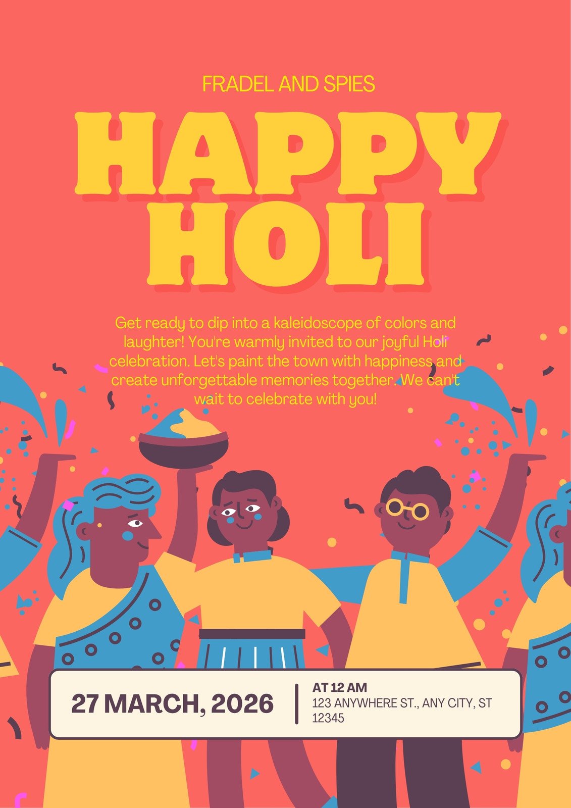 Red Yellow Organic Illustrative Holi Festival Poster
