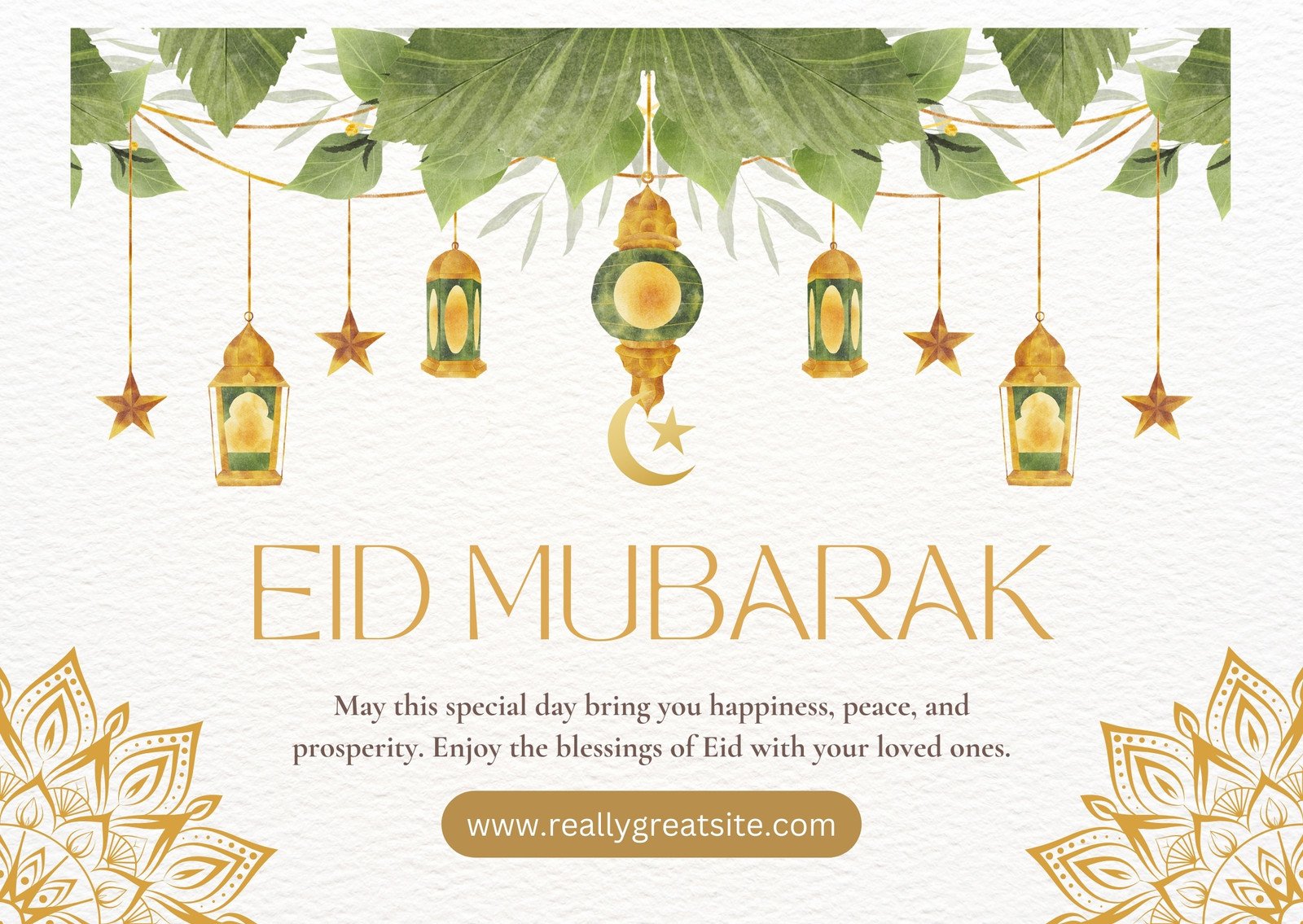 Green Gold Watercolor Happy Eid Mubarak Card