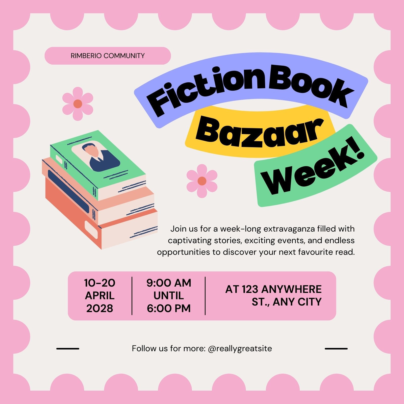 Pink Bold Illustrative Book Bazaar Event Instagram Post