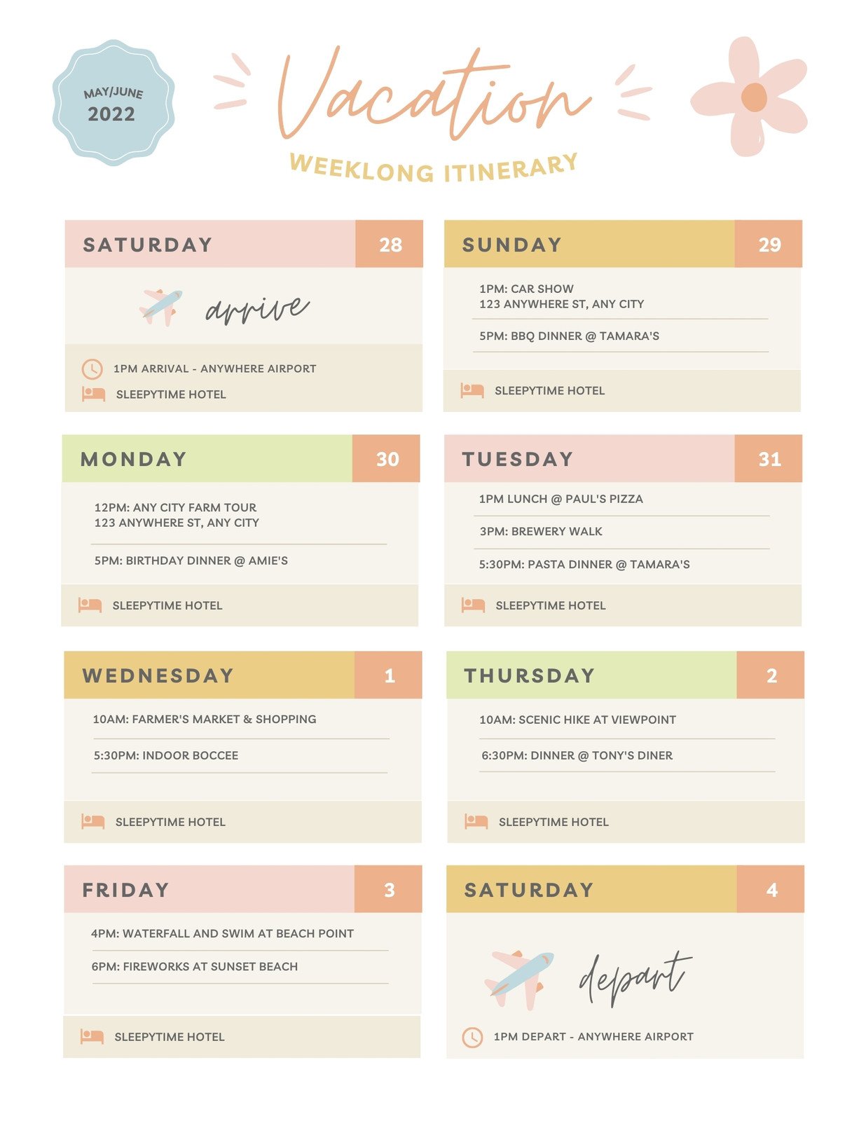 Colourful Aesthetic Vacation Itinerary Weekly Planner