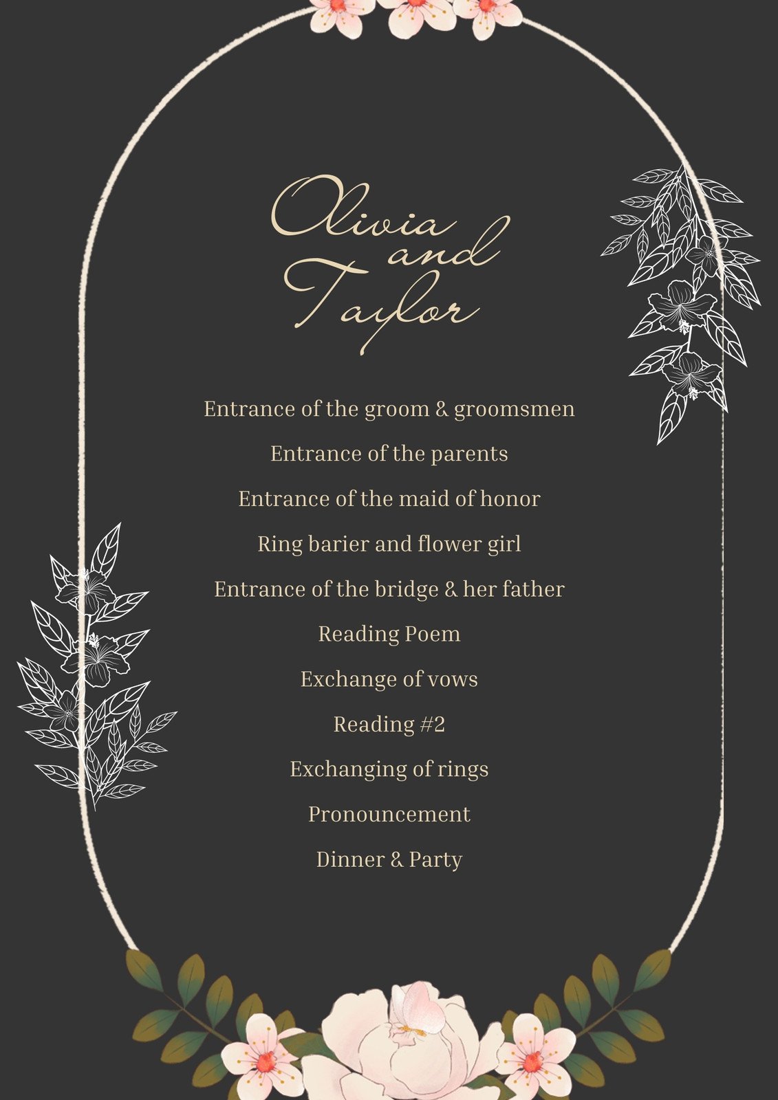 Black Elegant Floral Frame Wedding Program