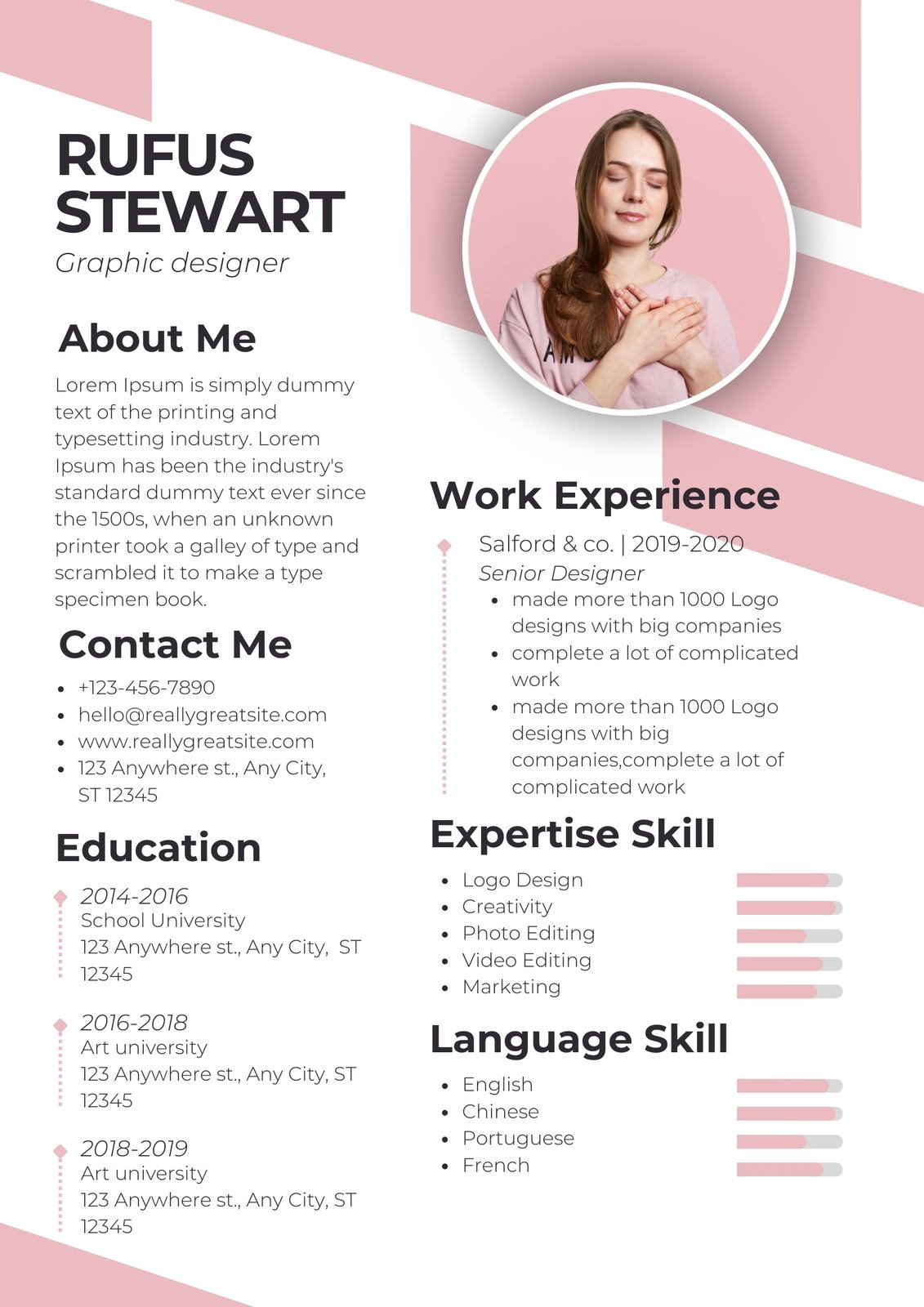 Pink Minimalist Professional CV Resume