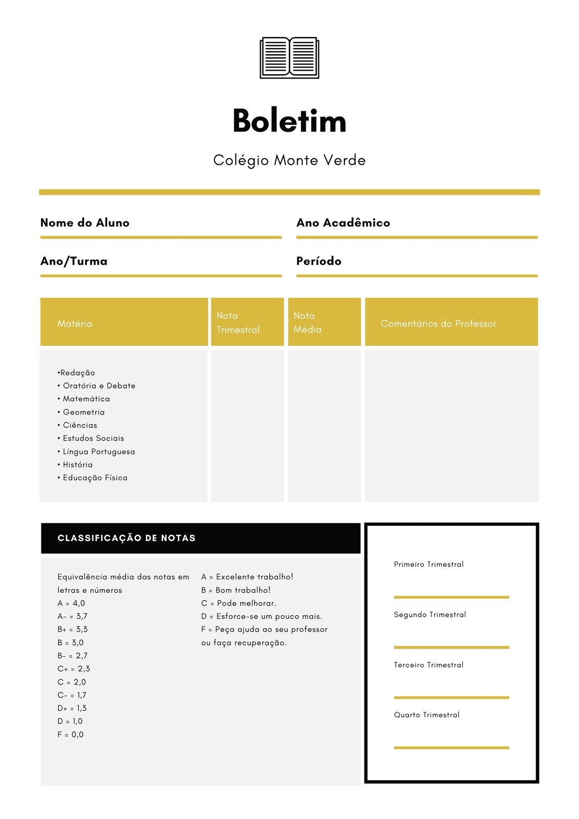 Template de boletim de notas personalizáveis online