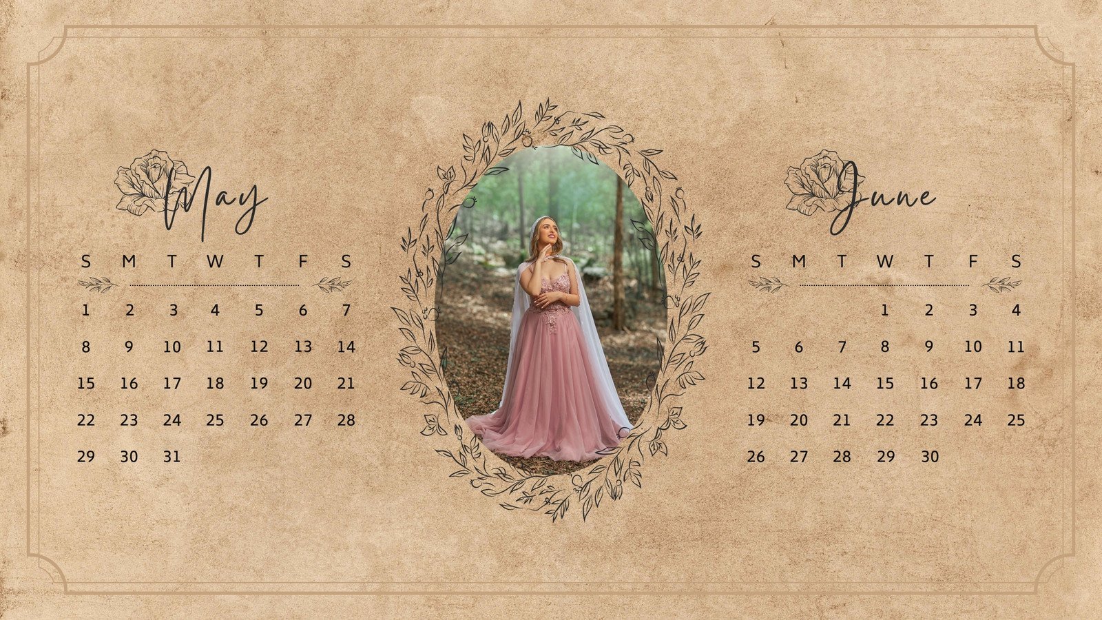 Brown Pink Aesthetic May And June Monthly Calendar