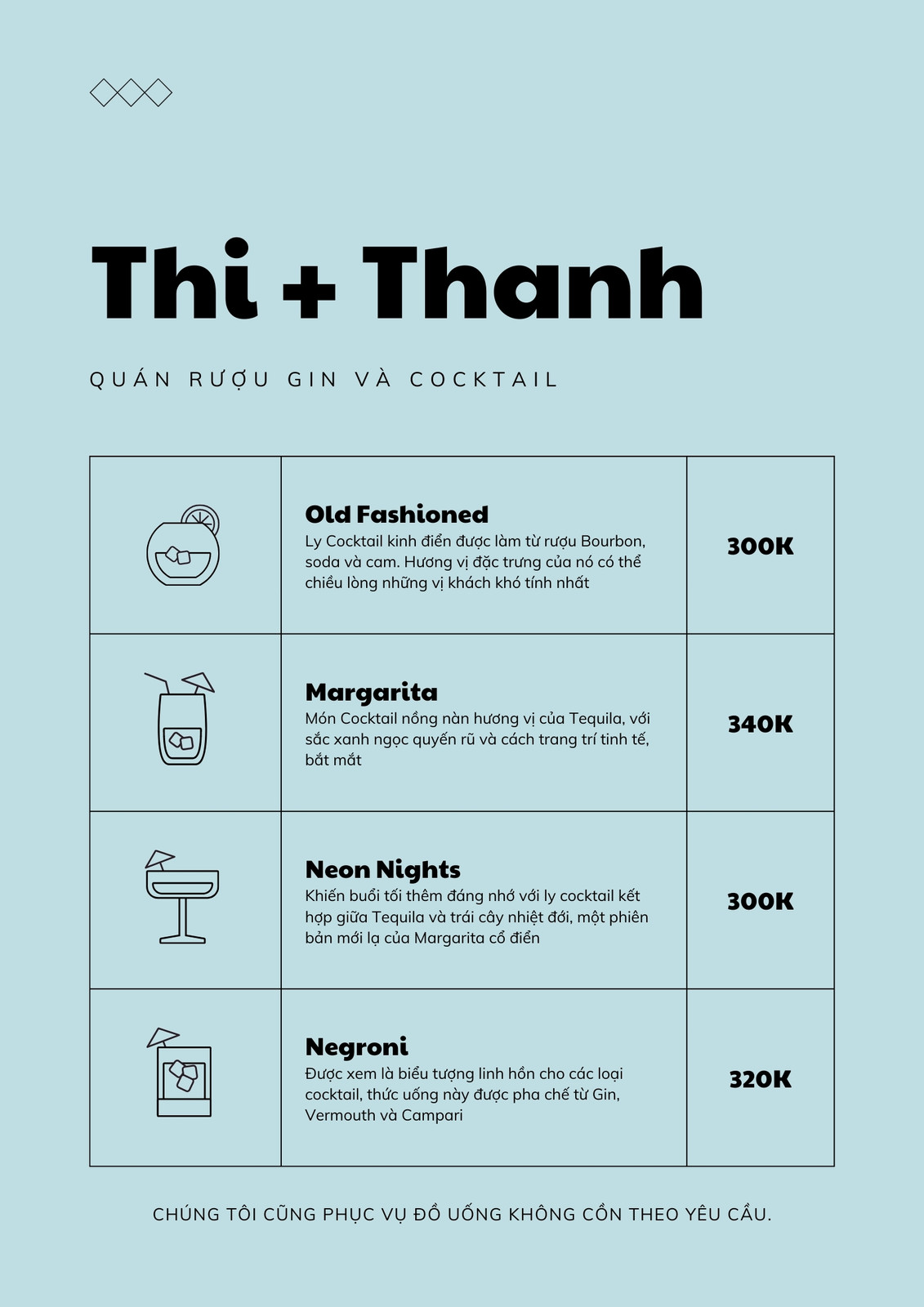 Menu cocktail có đủ các loại thức uống từ nổi tiếng nhất đến những thức uống độc đáo mà bạn chưa từng thử trước đây. Với các công thức đặc biệt và cách trình bày độc đáo, chắc chắn bạn sẽ tìm thấy một loại cocktail ưng ý và phù hợp với sở thích của mình. Hãy tham khảo hình ảnh để lựa chọn menu cocktail phù hợp cho bạn.