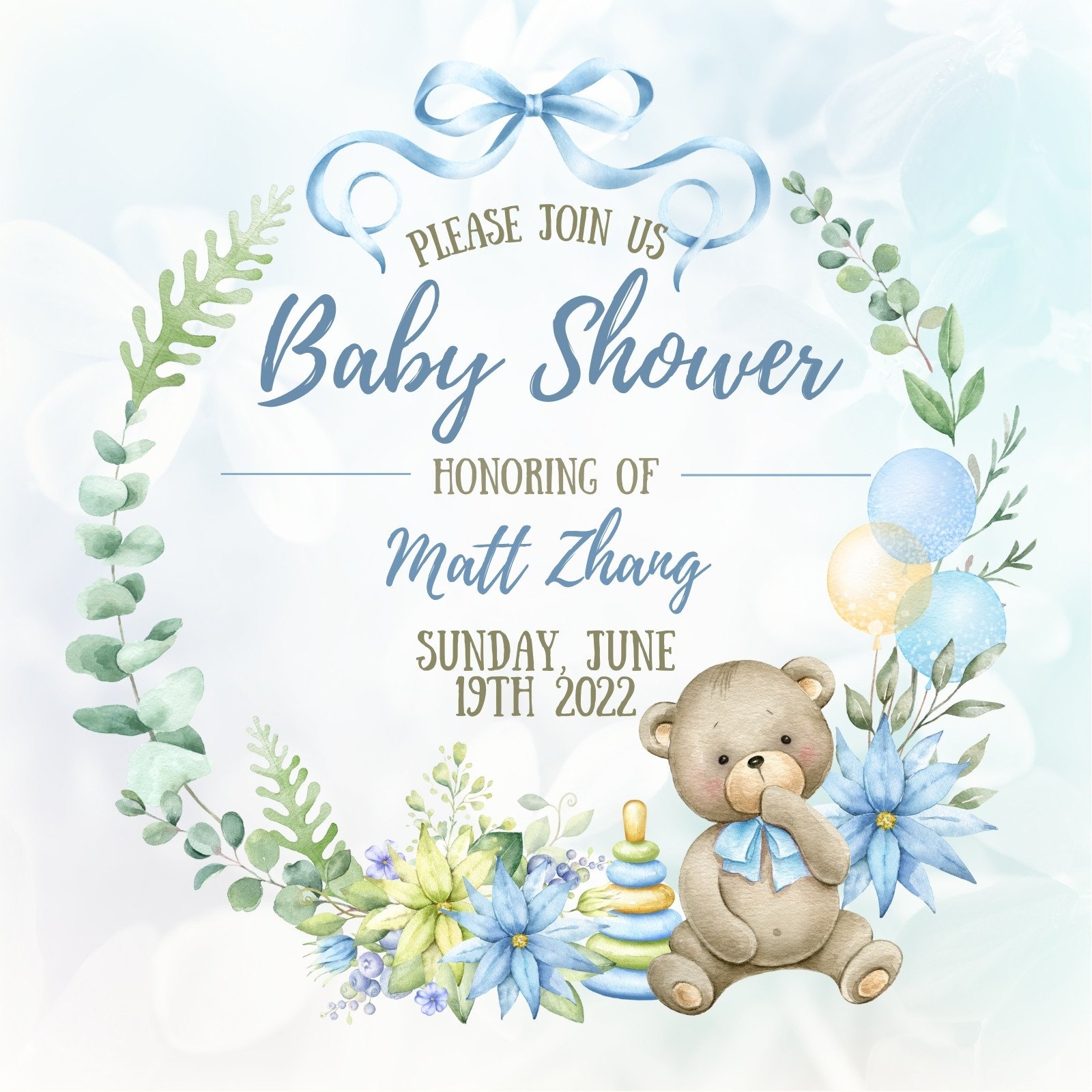 Canva White And Blue Watercolor Floral Baby Shower Invitation ZKYhsT6s5aY 