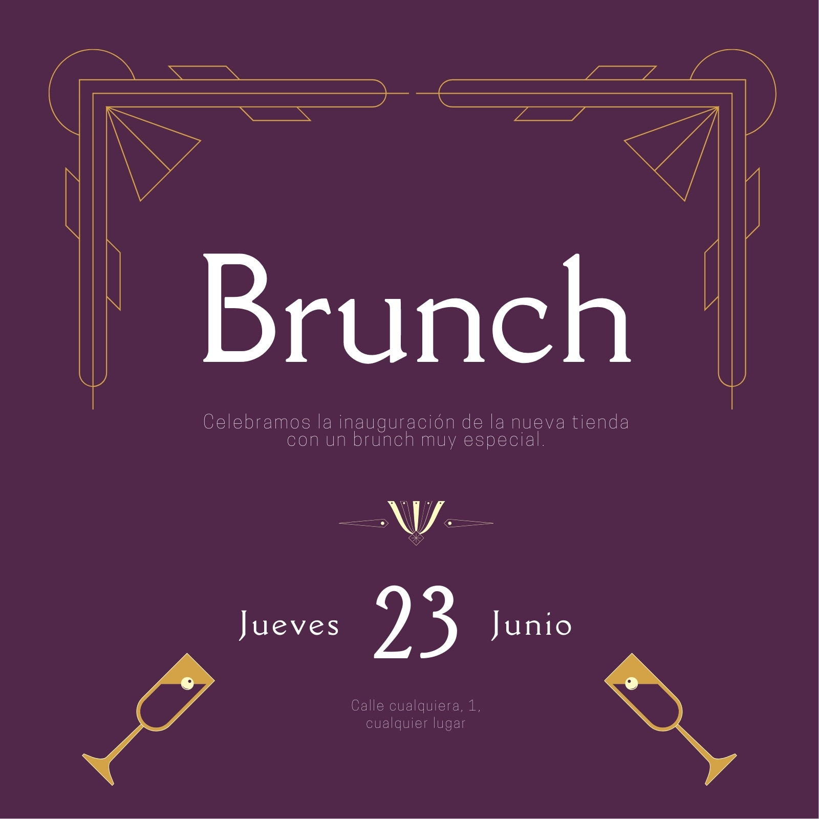 Invitación cuadrada brunch desayuno art Teo nouveau morado y dorado