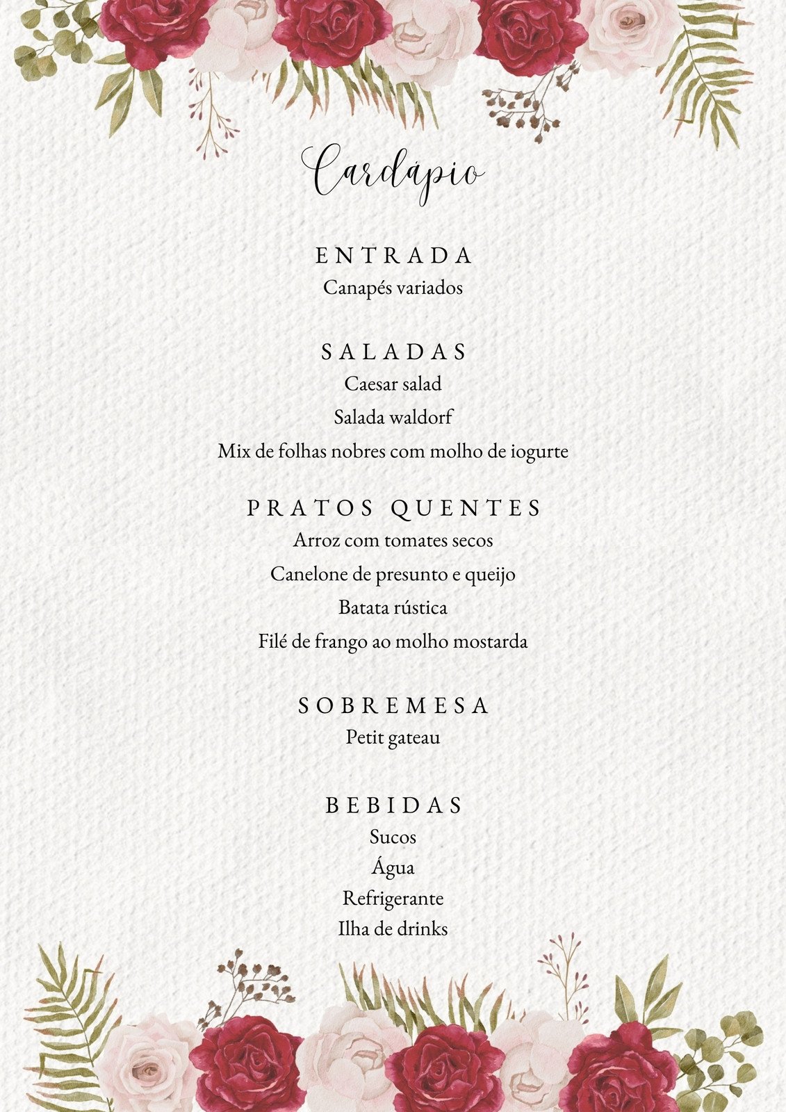 Menu Simples Clássico de Casamento de Natal