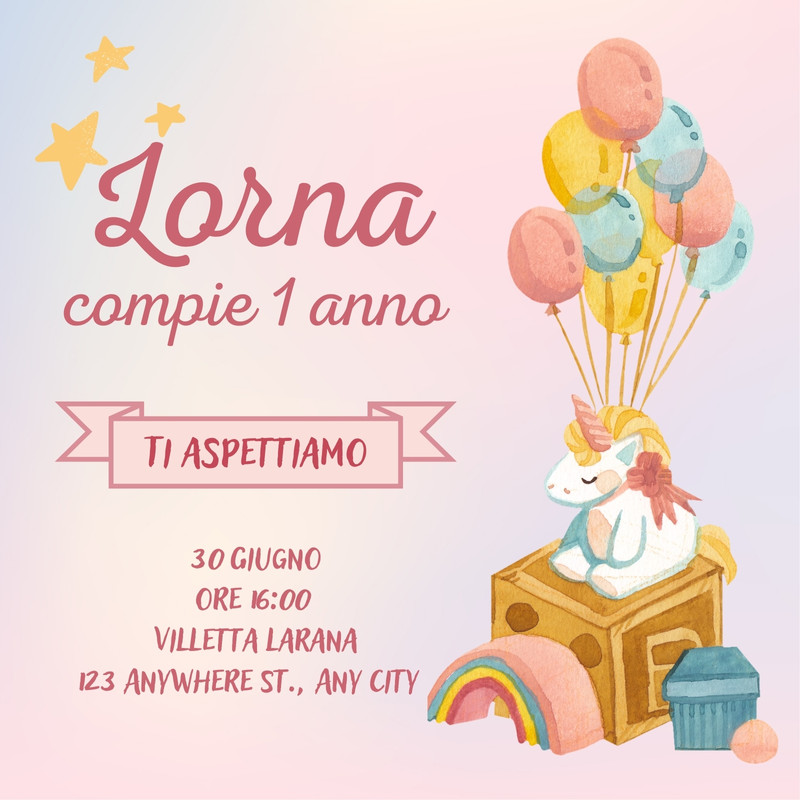 Biglietti da invito compleanno bambini con Unicorno - 6, 8, 10, 12, 15 o 20  St
