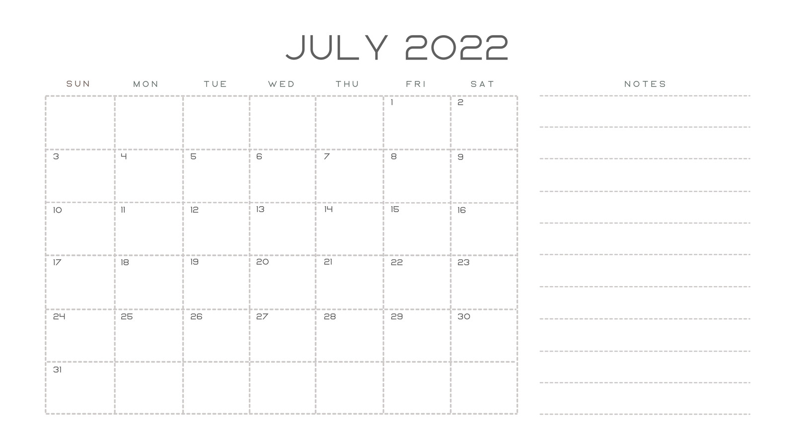 Black and White Minimalist July 2022 Printable Calendar