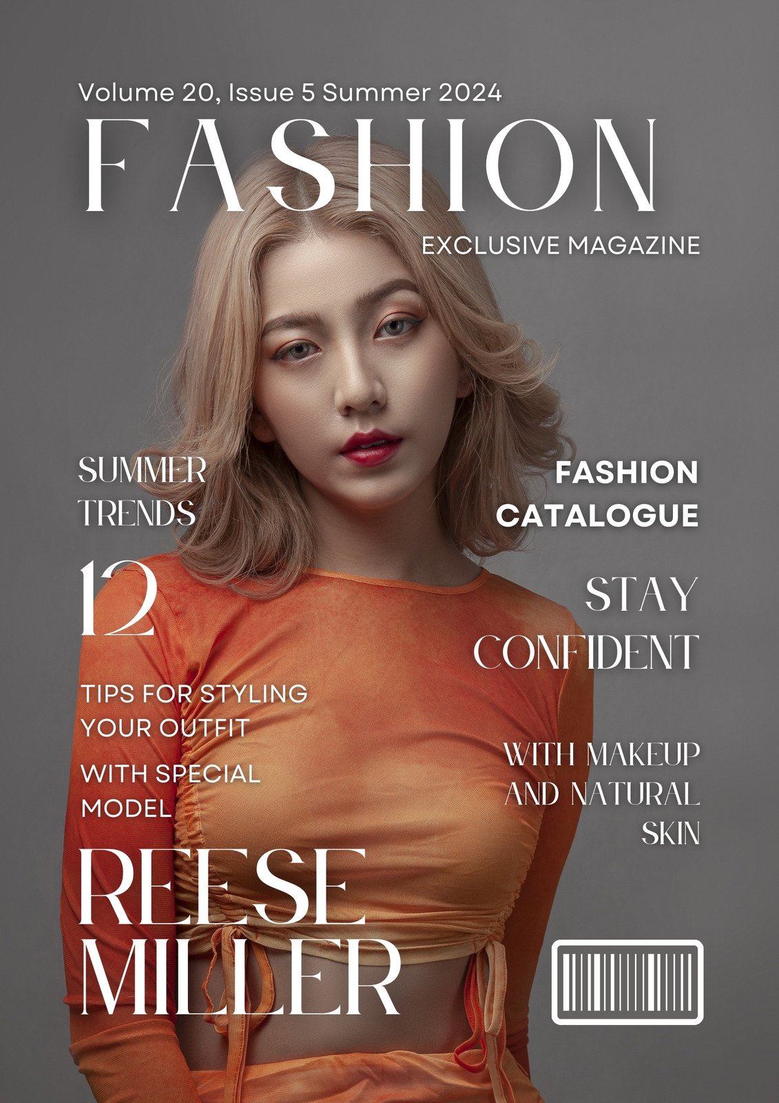 Gray & Orange Clean Minimalist Fashion Magazine Cover