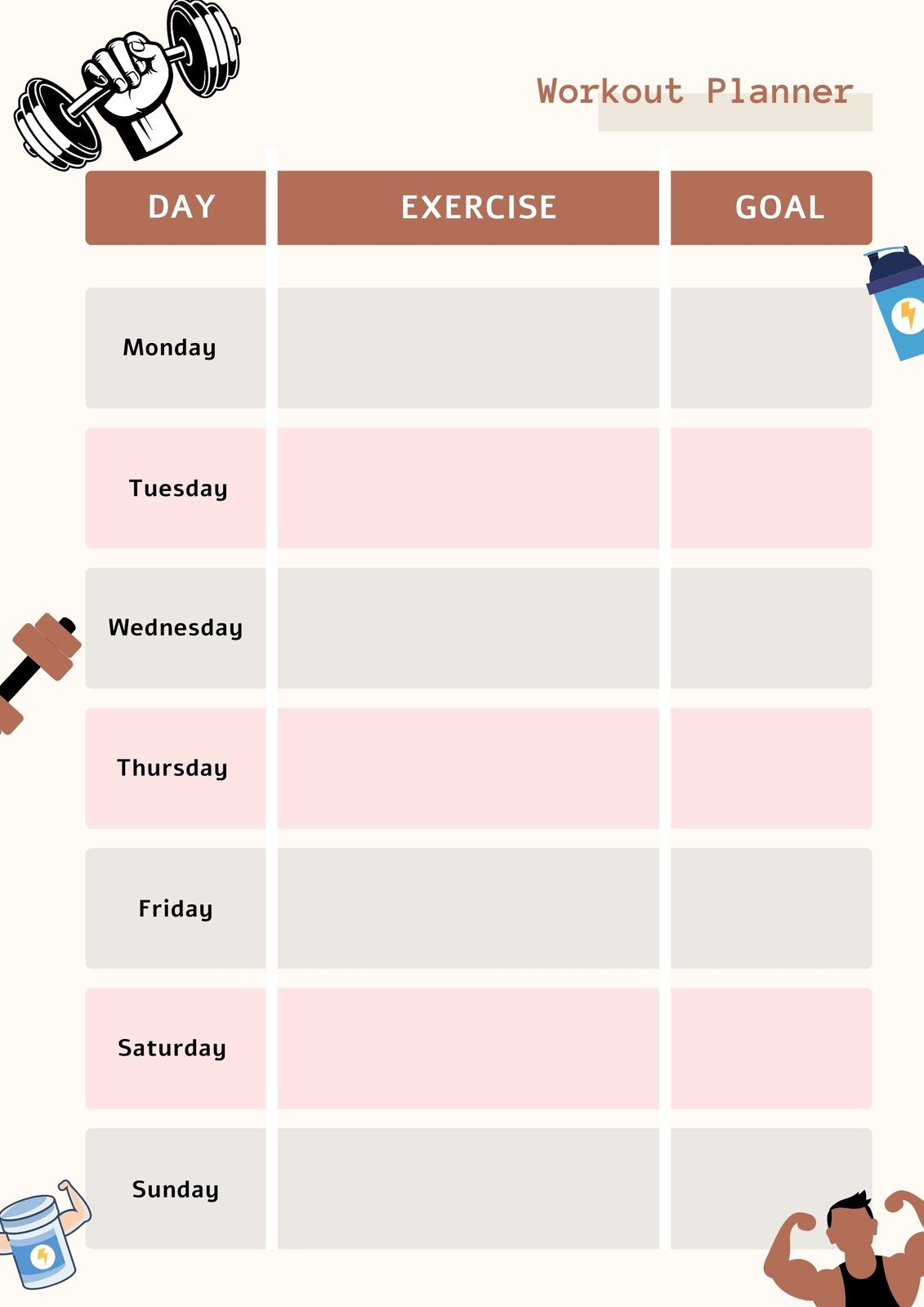 Free, custom printable workout planner templates online
