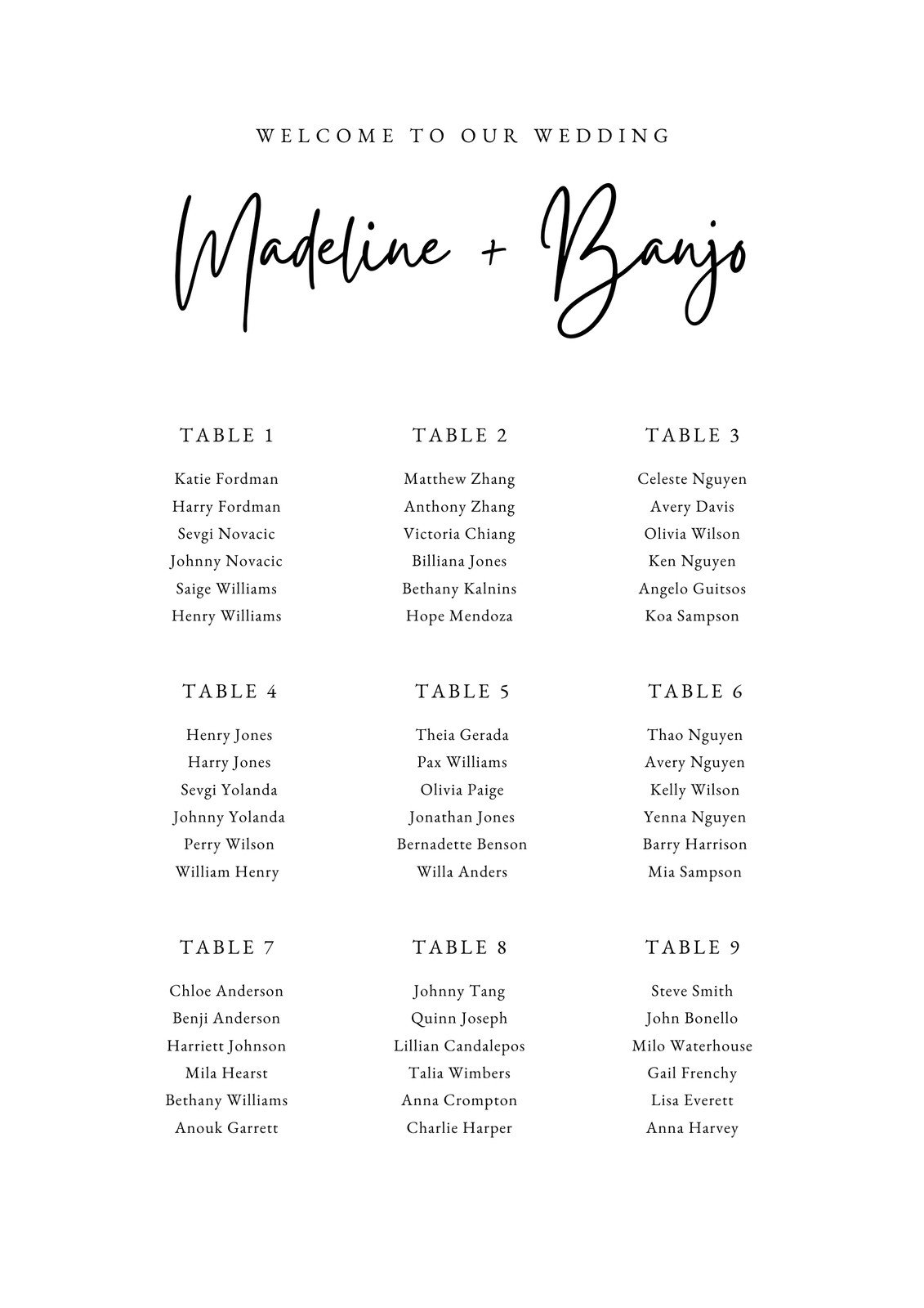 Black White Minimalist Elegant Calligraphy Wedding Seating Chart