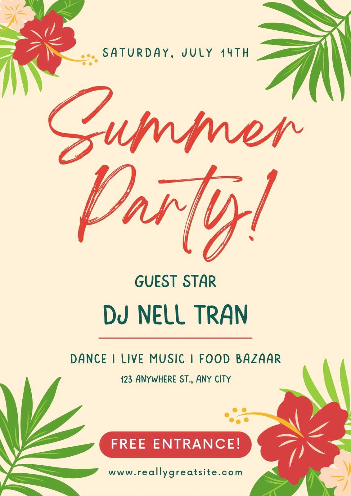 Green Red Floral Summer Party Poster Portrait