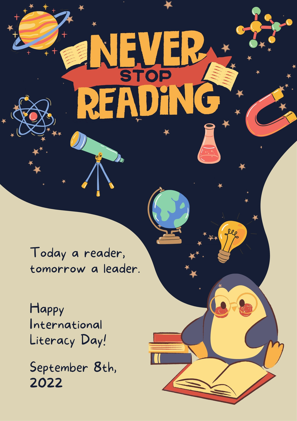 Blue Red Yellow Illustration International Literacy Day Poster