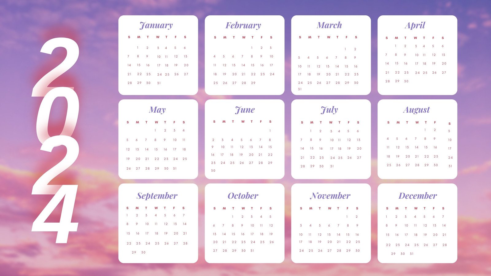 Cute Pink and Purple 2024 Calendar