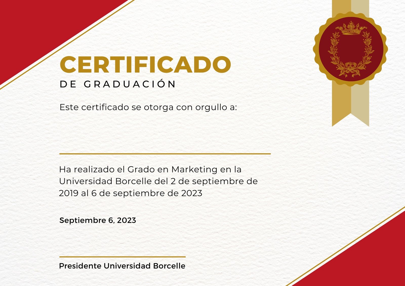 Documento A4 Horizontal Certificado graduación Grado Marketing Simple Profesional Rojo Dorado