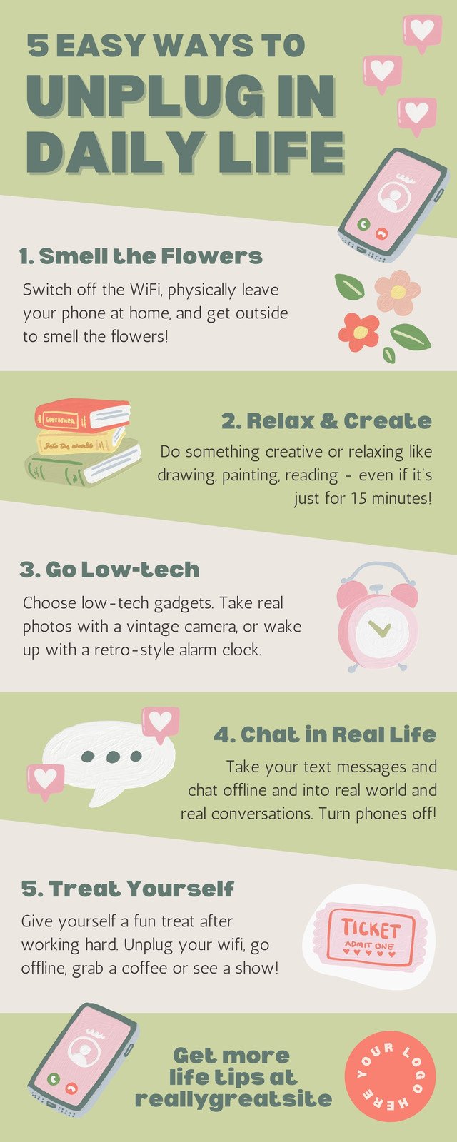 Green & Pink Unplugged Offline Tech Life Tips List Infographic