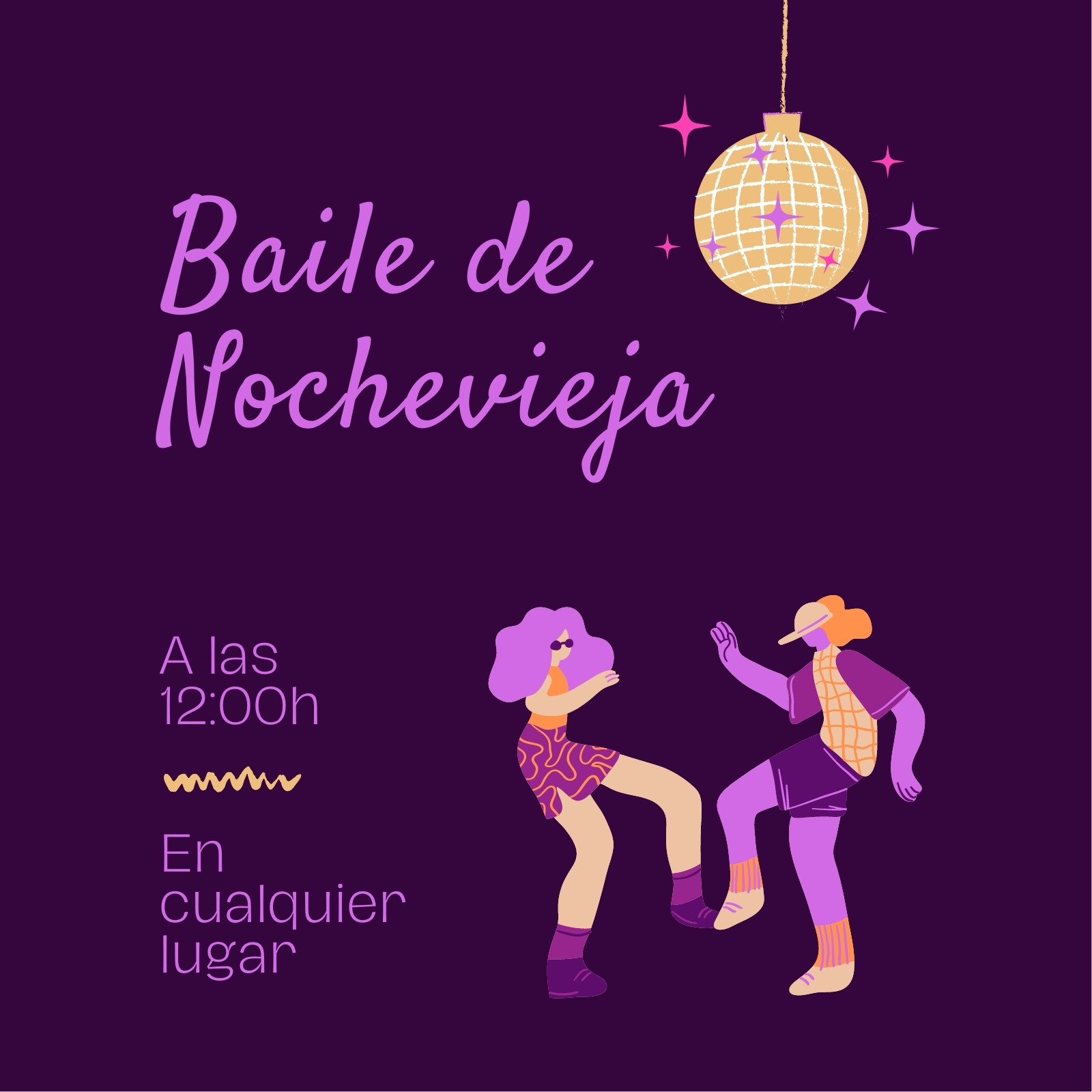 Invitación cuadrada baile de nochevieja ilustrada lila