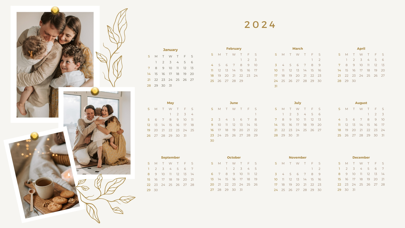 Beige Aesthetic Elegant Photo Personal 2024 Calendar