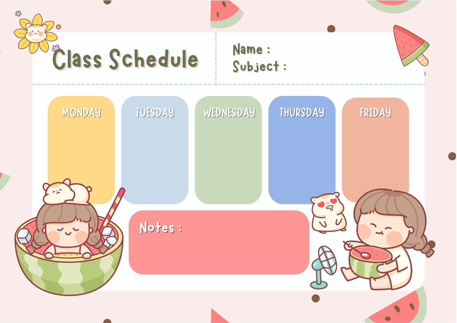 Cute Girl With Hamster Eating Watermelon Illustration - Class Schedule