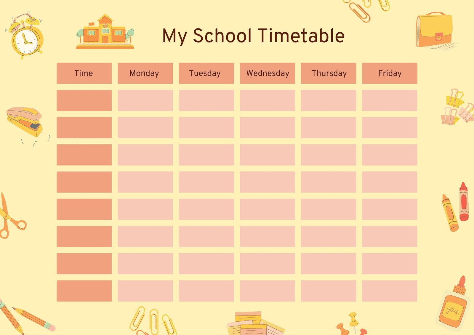 Peach and Yellow School Schedule/Timetable A4 landscape BTS resource