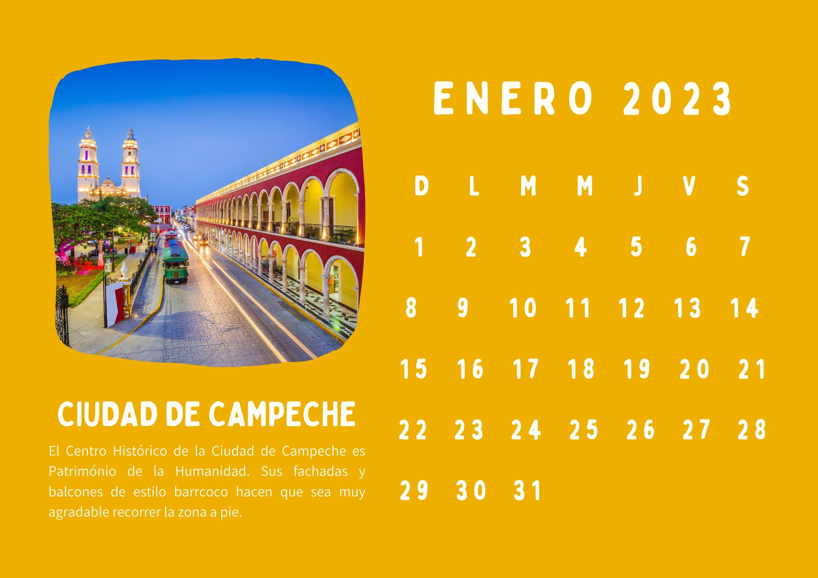 Calendario de pared atracciones en Campeche Estados de la República Mexicana simple colorido amarillo naranja rosa morado azul verde