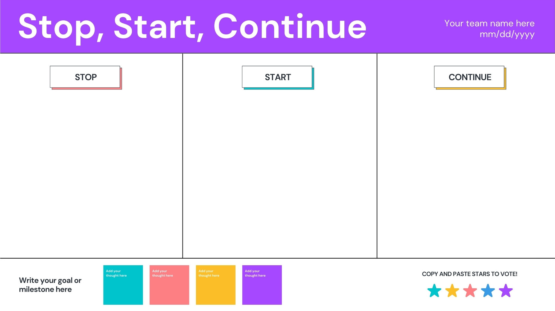 Stop Start Continue Retrospective Whiteboard in Purple Basic Style
