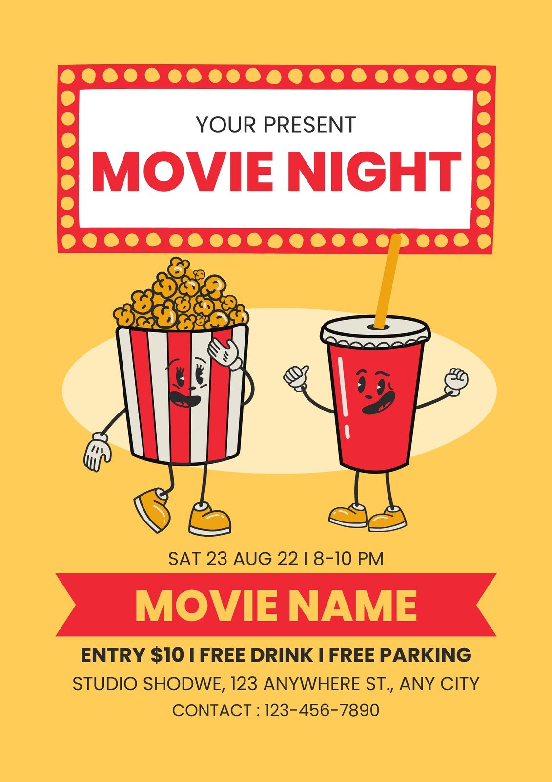 Yellow Red Illustration Movie Night Flyer