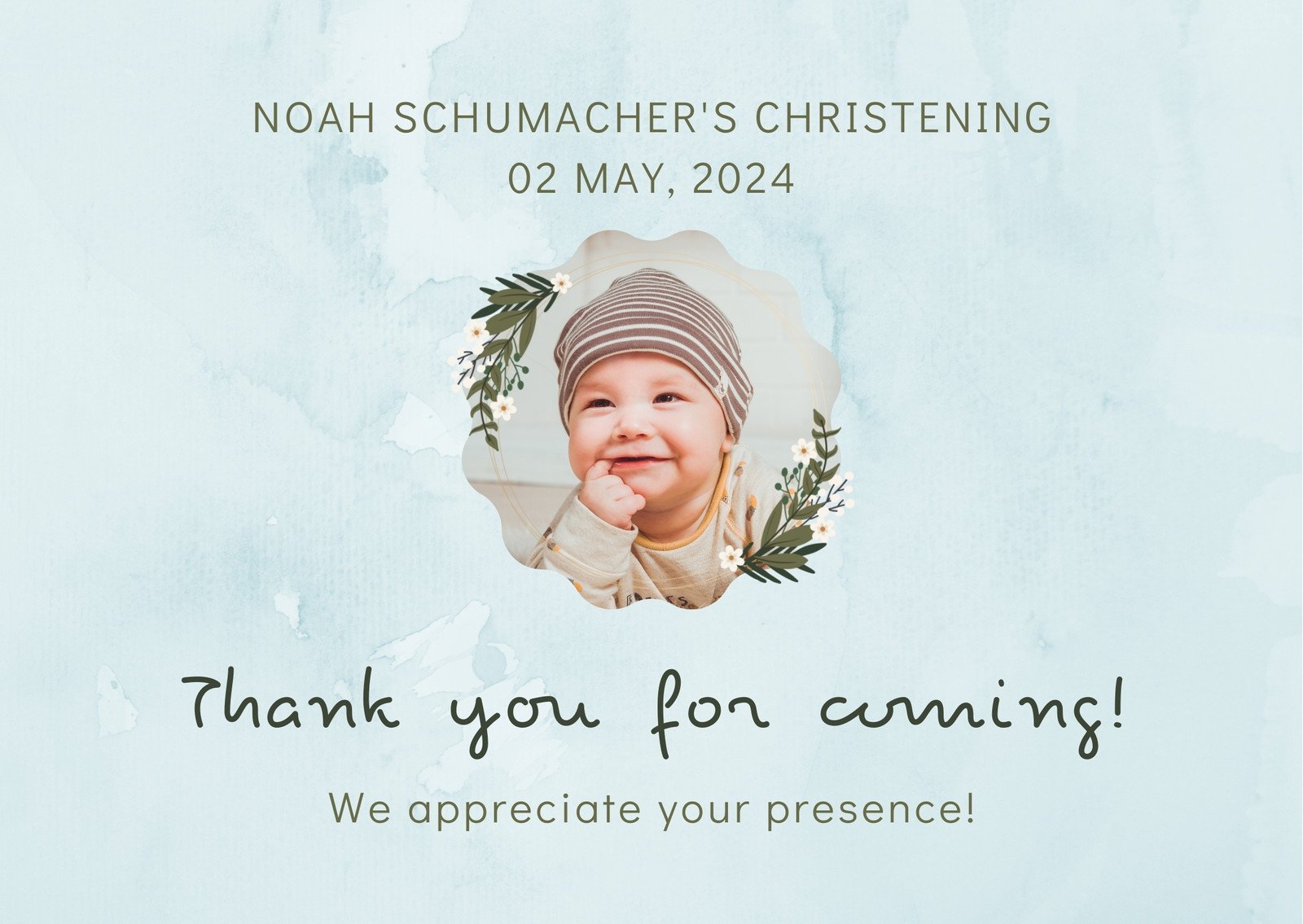 Light Blue Soft Watercolor Thank You Christening Card