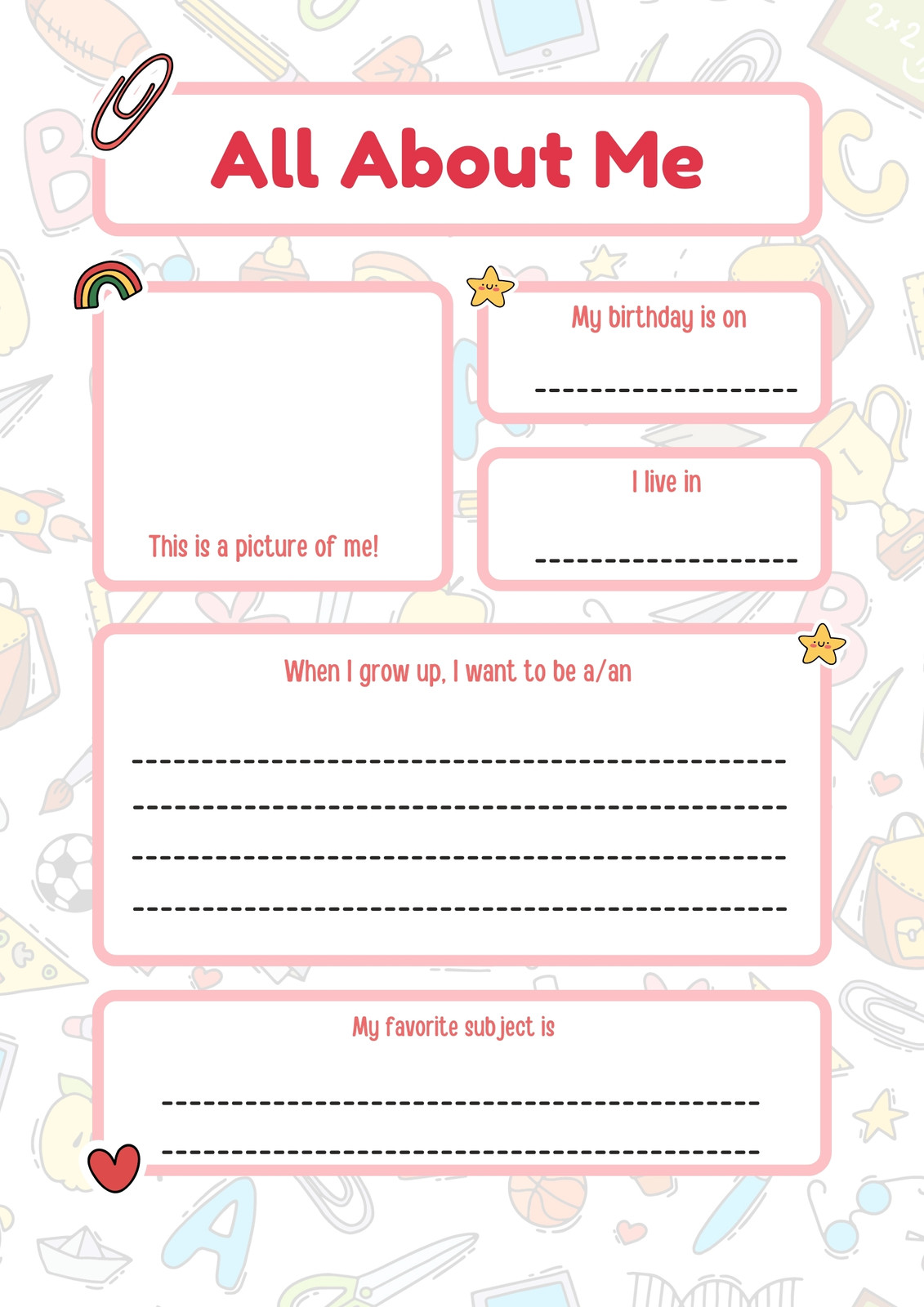 Page 4 - Free and printable All About Me worksheet templates | Canva