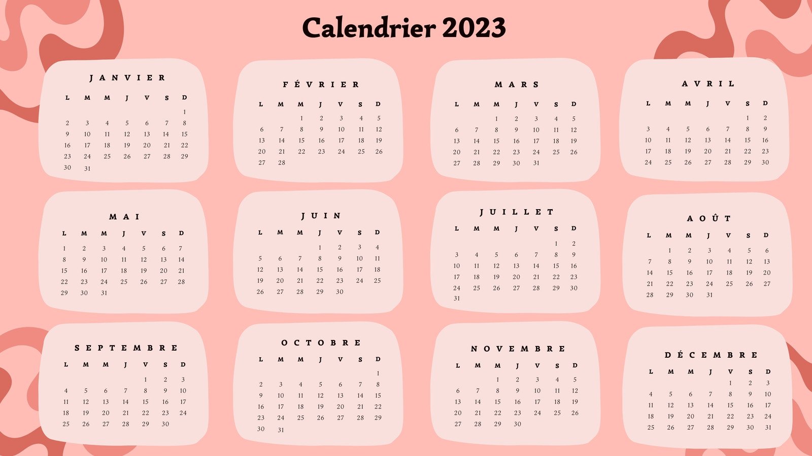 Calendriers mensuels 2024 à imprimer - Mademoiselle