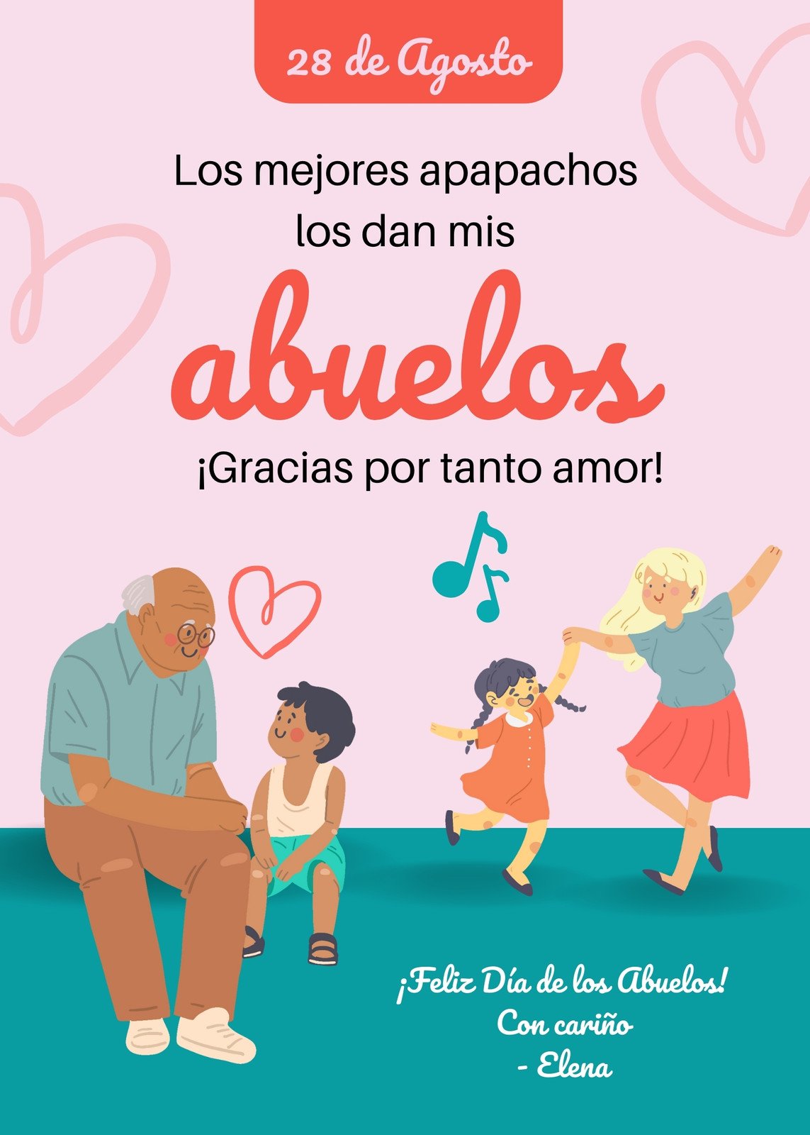 Tarjeta Día de los Abuelos Ilustrado Rosa y Turquesa