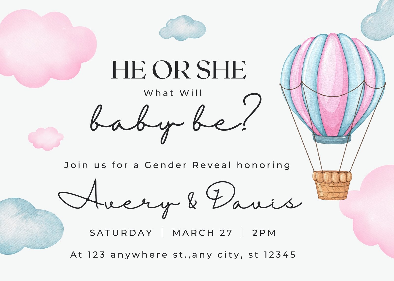 Gender Reveal Baby Shower Pink or Blue, Blank Invitations with