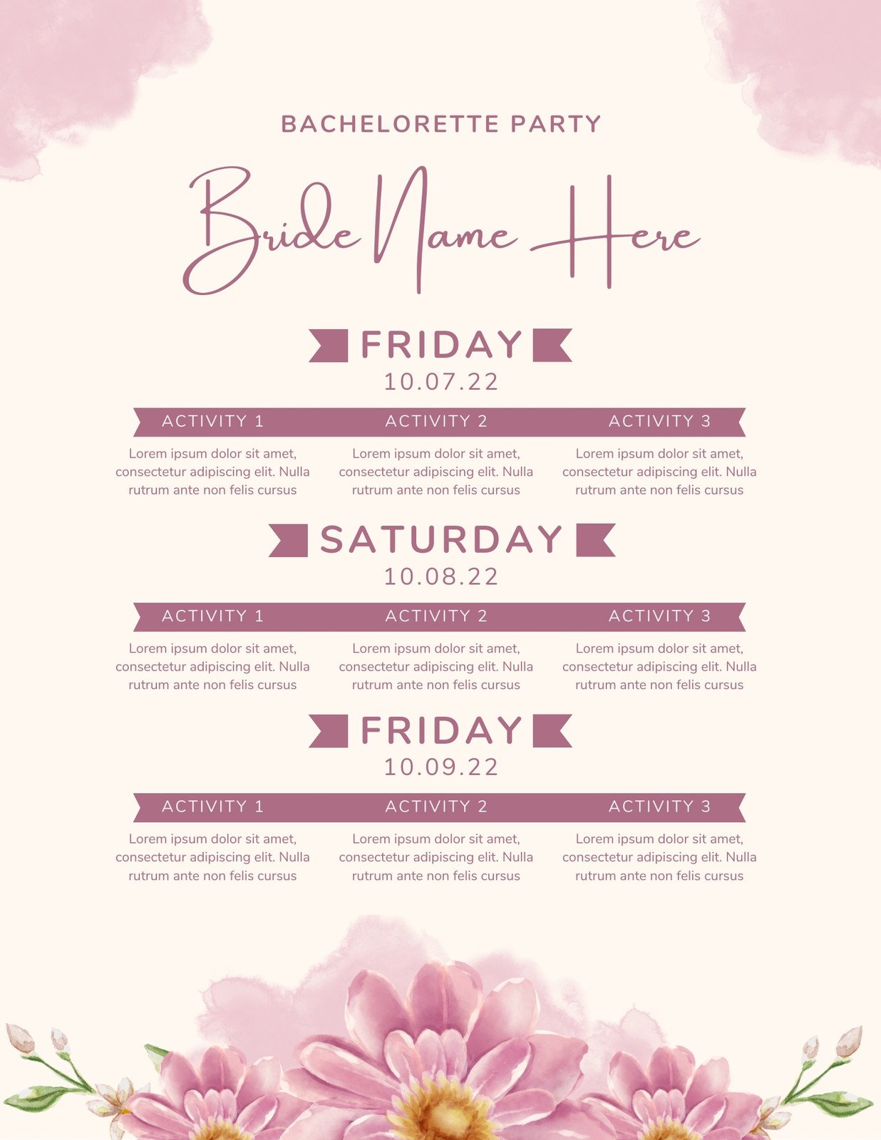Ivory Pink Beauty Floral Bachelorette Itinerary Planner