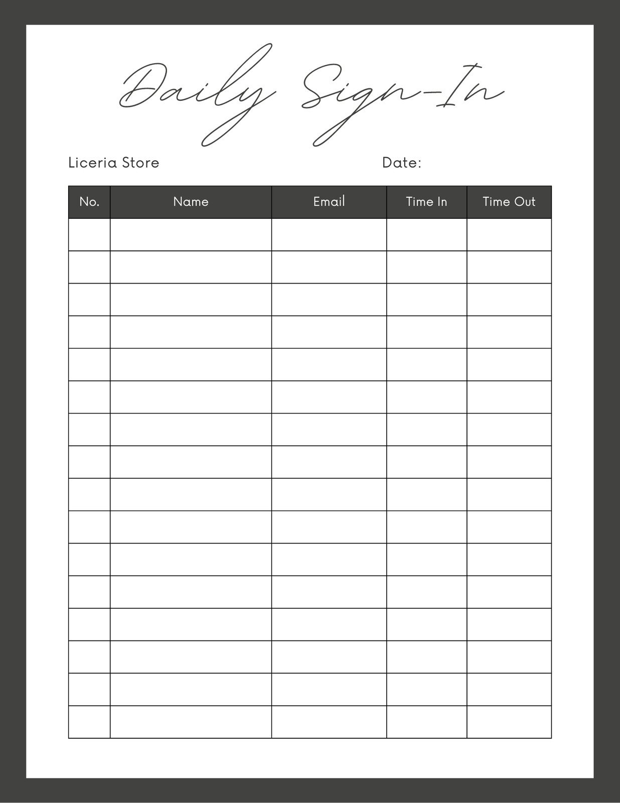 Black & White Minimal Daily Sign In Sheet or Log