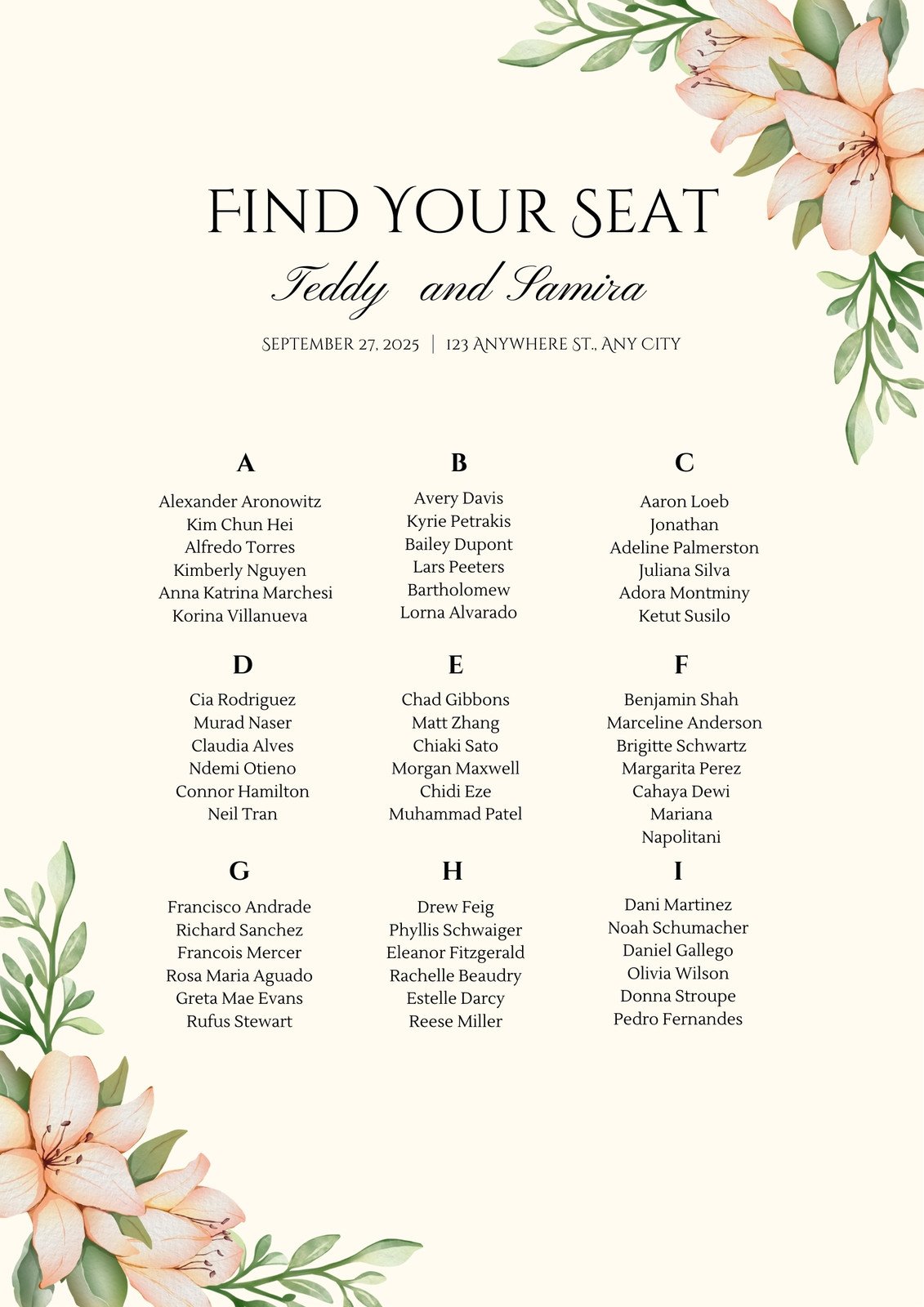 Cream Simple Floral Wedding Seating Chart